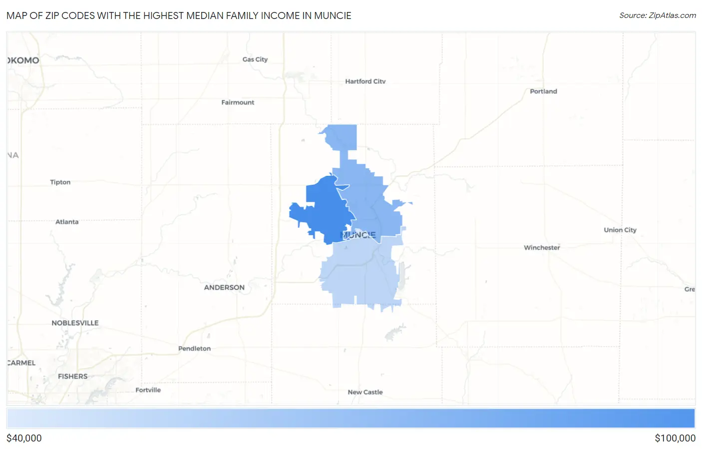 Zip Codes with the Highest Median Family Income in Muncie Map