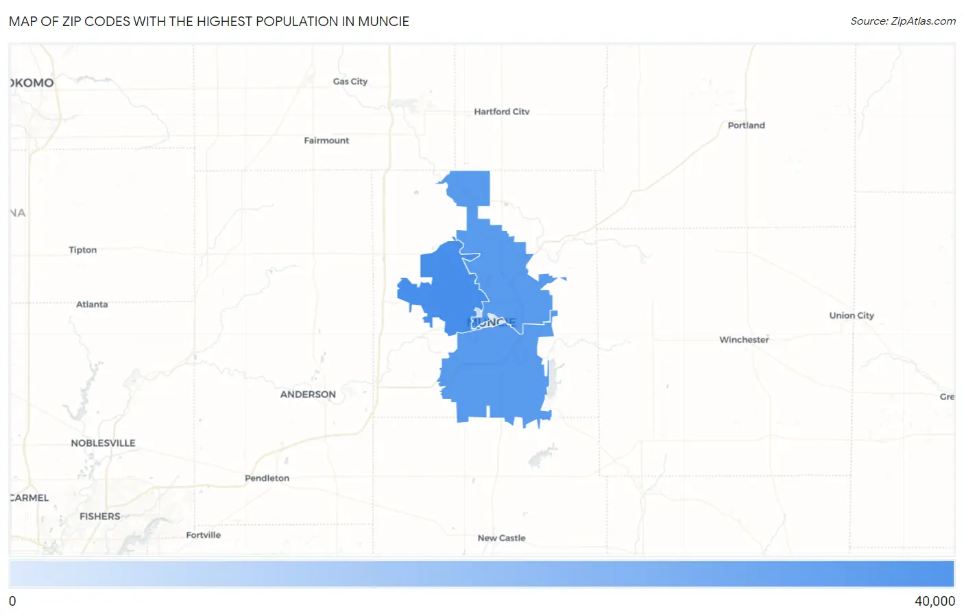Zip Codes with the Highest Population in Muncie Map