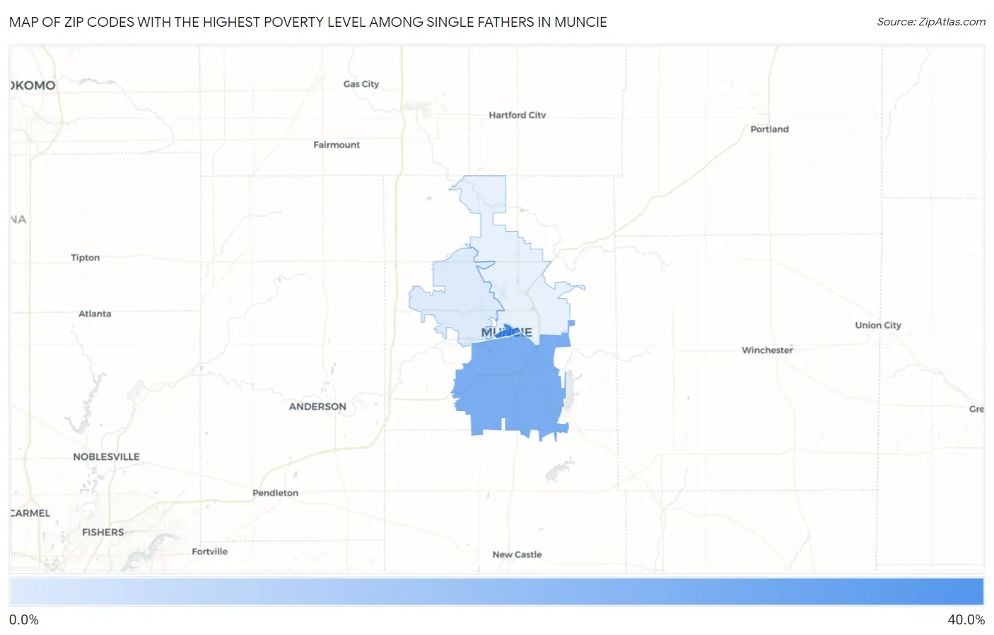 Zip Codes with the Highest Poverty Level Among Single Fathers in Muncie Map