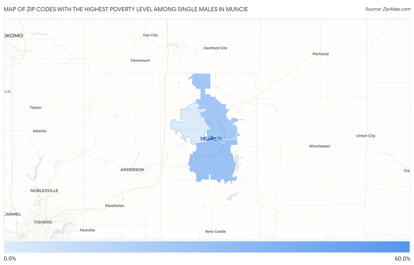 Zip Codes with the Highest Poverty Level Among Single Males in Muncie Map