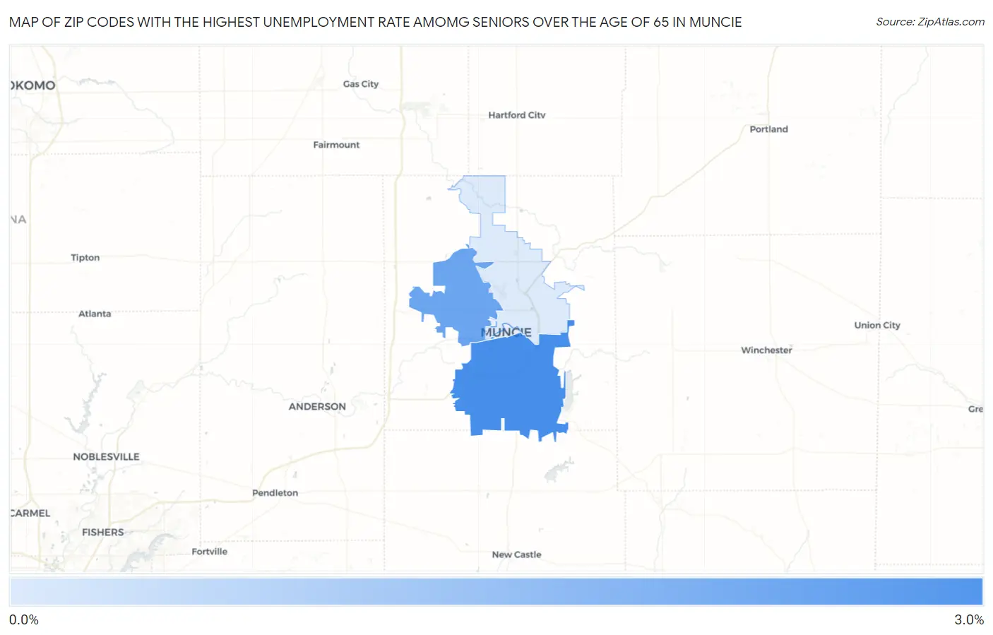 Zip Codes with the Highest Unemployment Rate Amomg Seniors Over the Age of 65 in Muncie Map