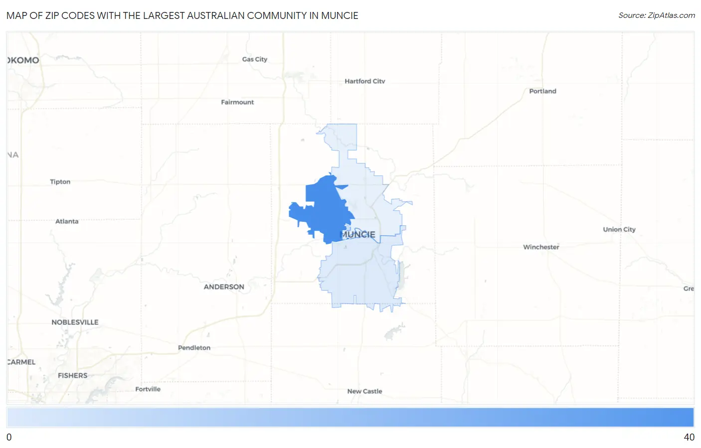 Zip Codes with the Largest Australian Community in Muncie Map