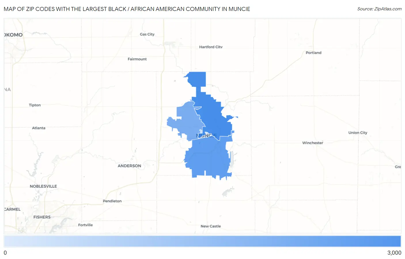 Zip Codes with the Largest Black / African American Community in Muncie Map