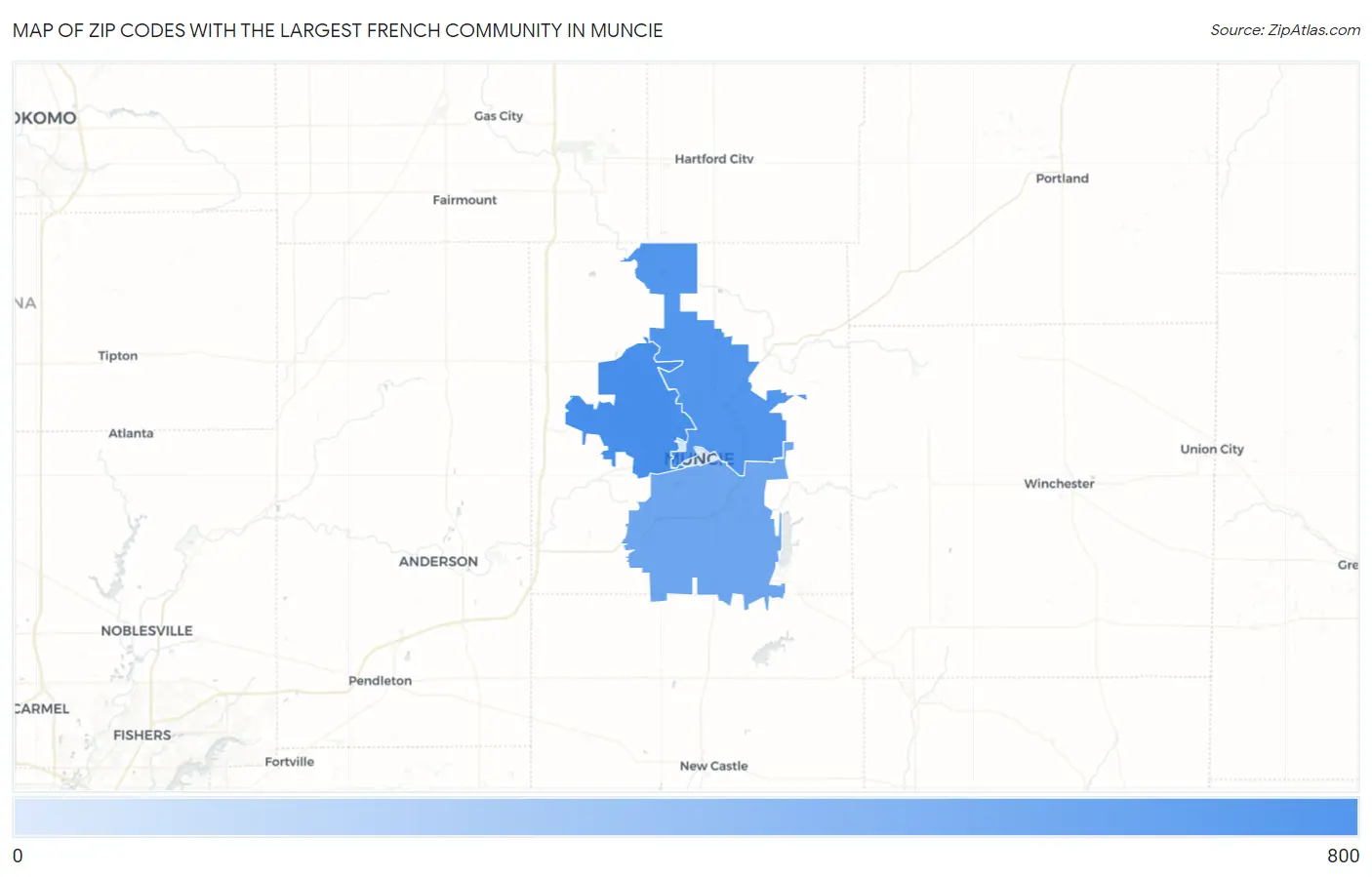 Zip Codes with the Largest French Community in Muncie Map