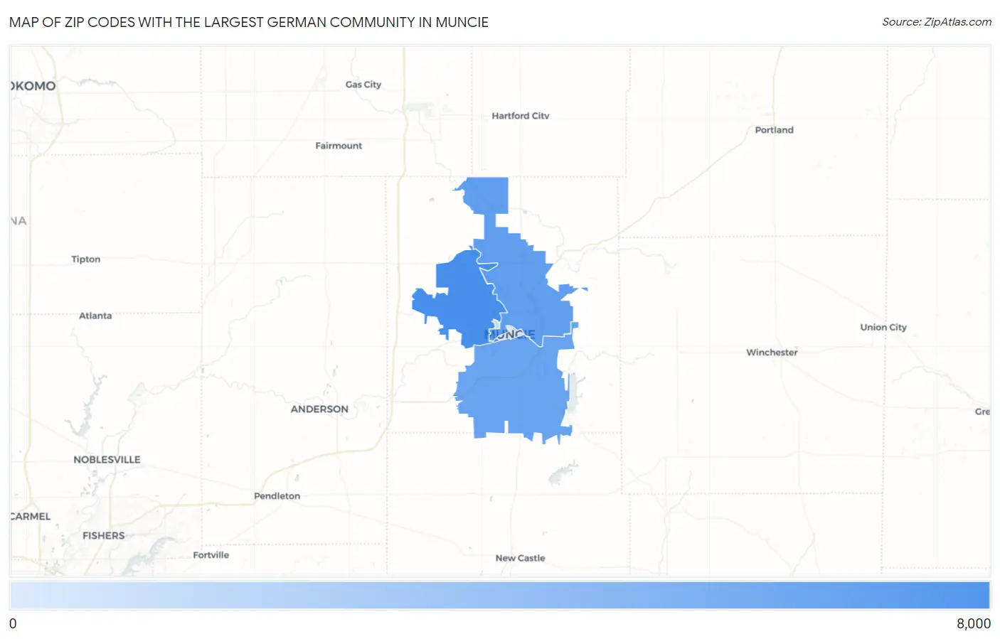 Zip Codes with the Largest German Community in Muncie Map