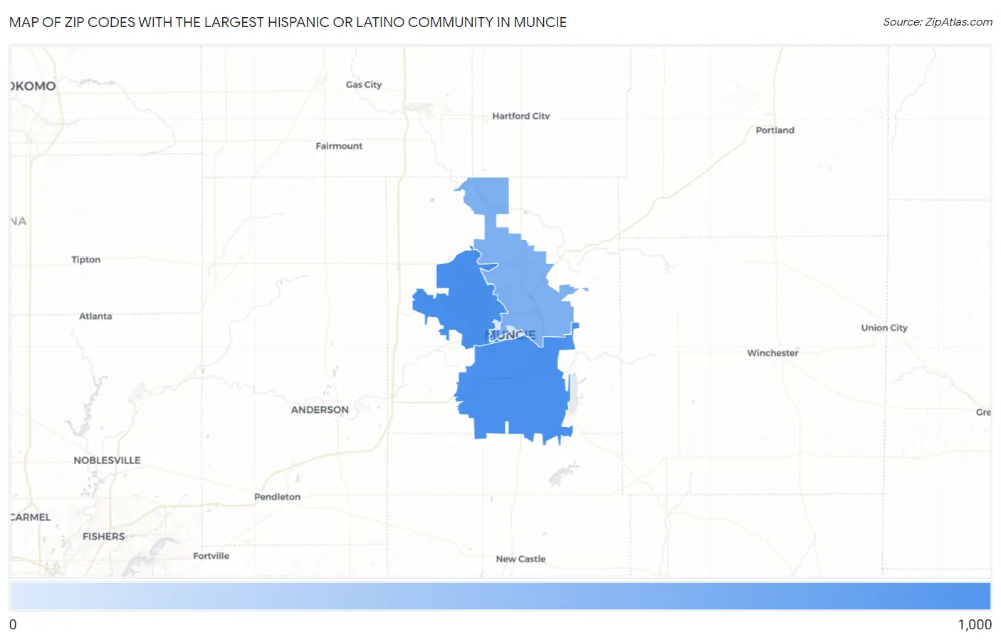 Zip Codes with the Largest Hispanic or Latino Community in Muncie Map