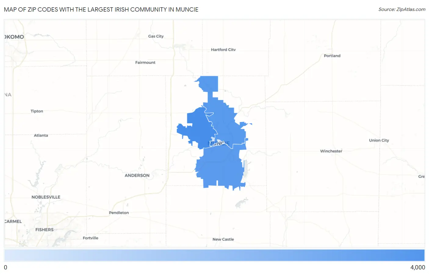 Zip Codes with the Largest Irish Community in Muncie Map