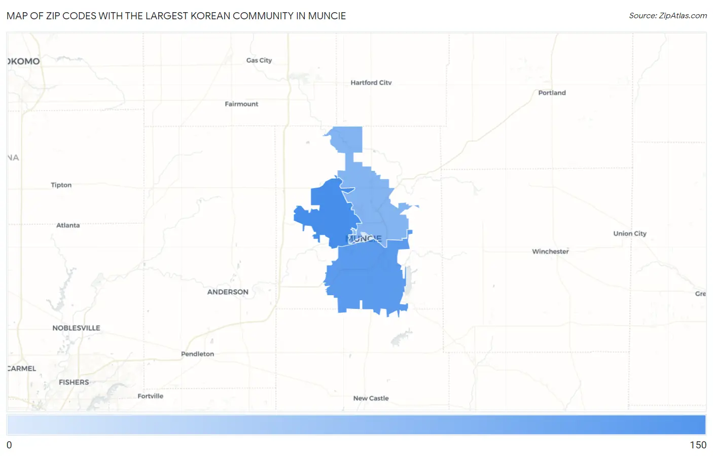 Zip Codes with the Largest Korean Community in Muncie Map
