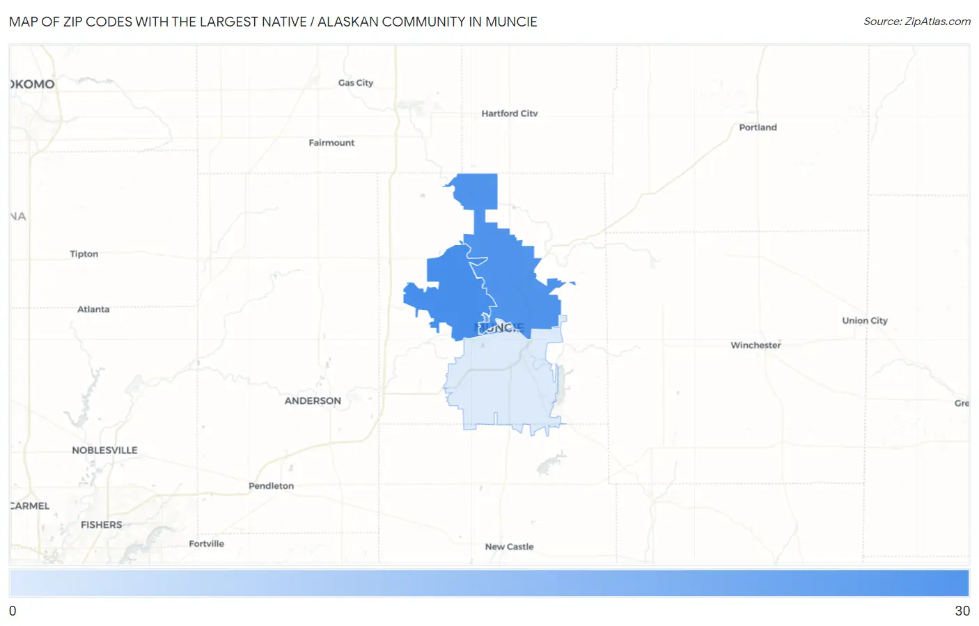 Zip Codes with the Largest Native / Alaskan Community in Muncie Map