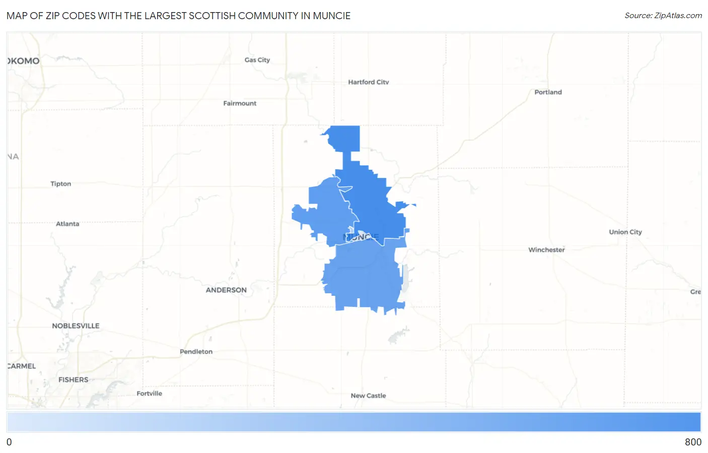 Zip Codes with the Largest Scottish Community in Muncie Map