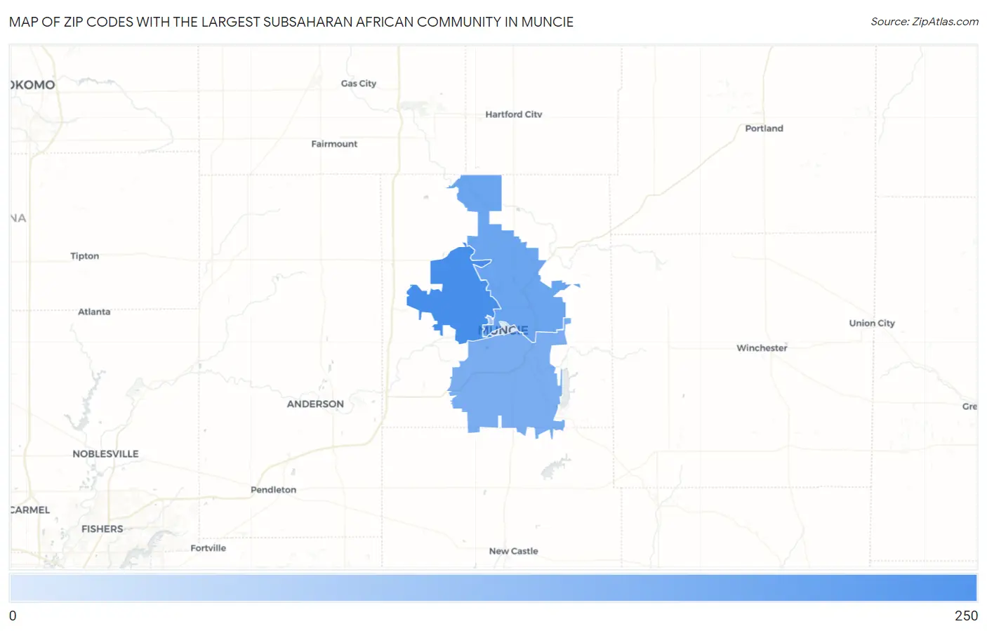 Zip Codes with the Largest Subsaharan African Community in Muncie Map