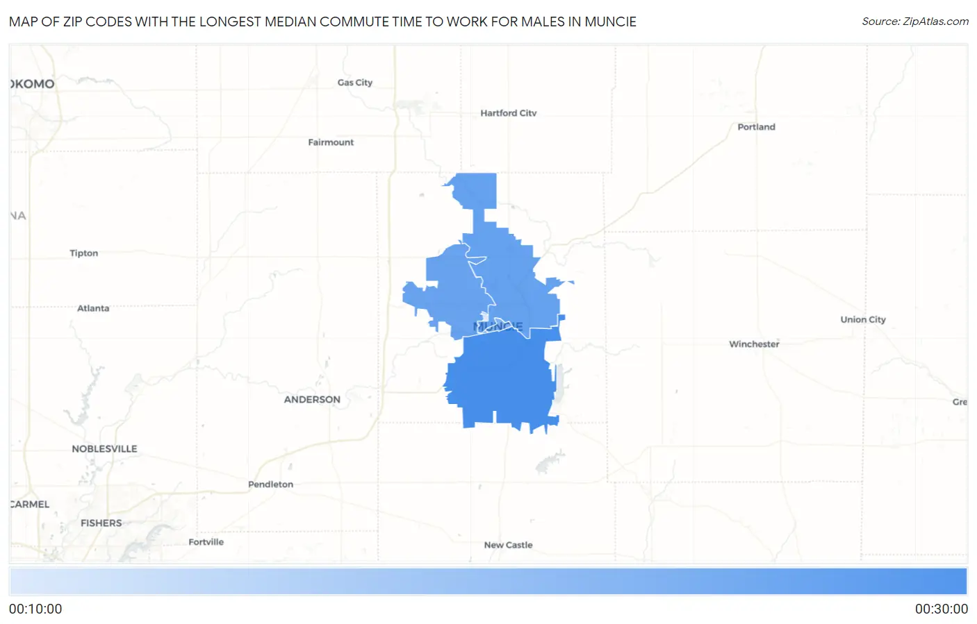 Zip Codes with the Longest Median Commute Time to Work for Males in Muncie Map
