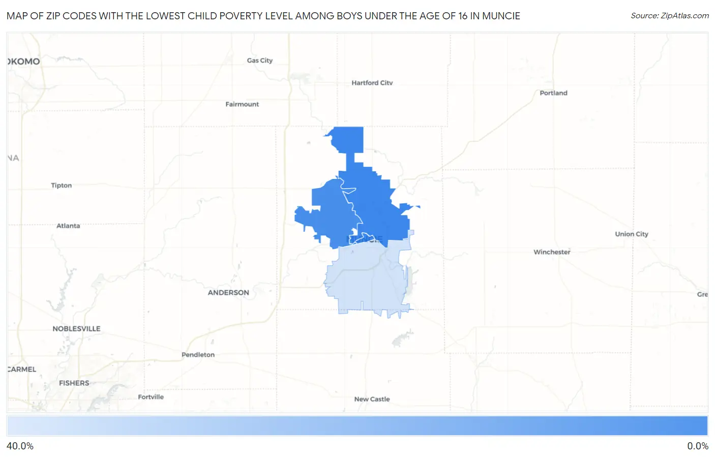 Zip Codes with the Lowest Child Poverty Level Among Boys Under the Age of 16 in Muncie Map