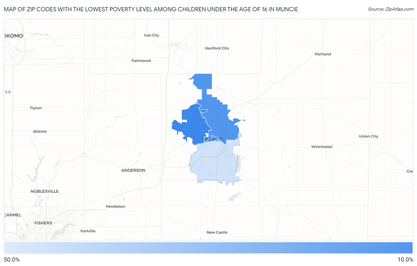 Zip Codes with the Lowest Poverty Level Among Children Under the Age of 16 in Muncie Map