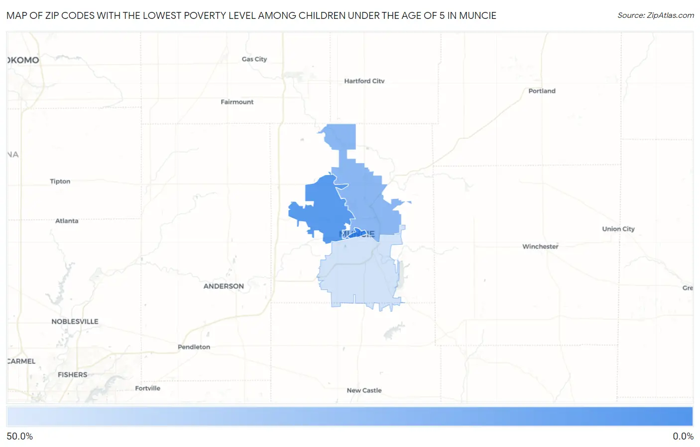 Zip Codes with the Lowest Poverty Level Among Children Under the Age of 5 in Muncie Map