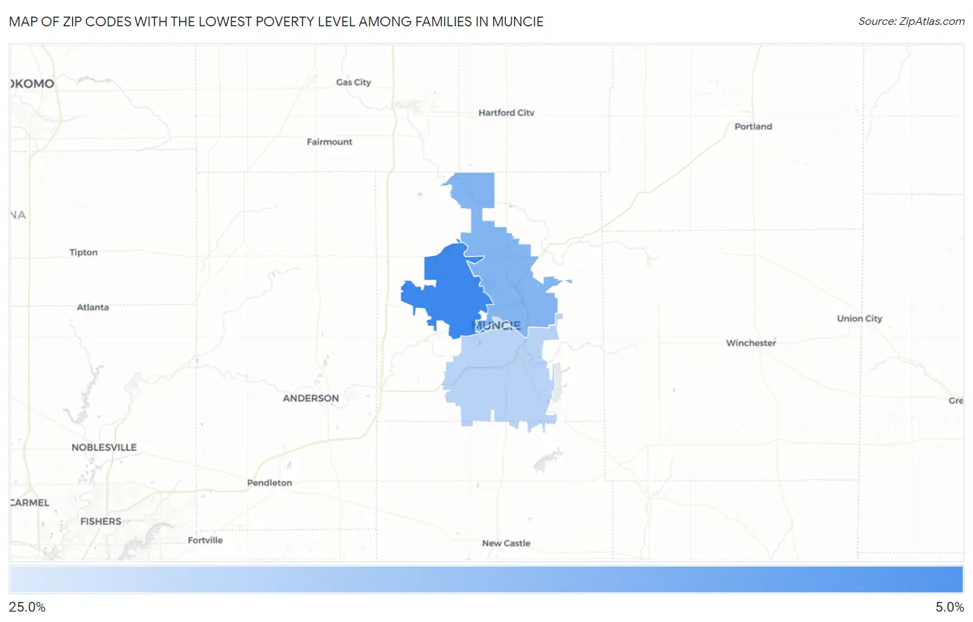 Zip Codes with the Lowest Poverty Level Among Families in Muncie Map