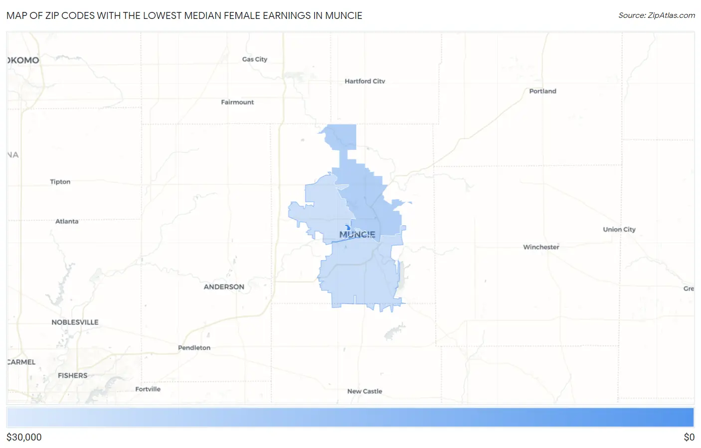 Zip Codes with the Lowest Median Female Earnings in Muncie Map