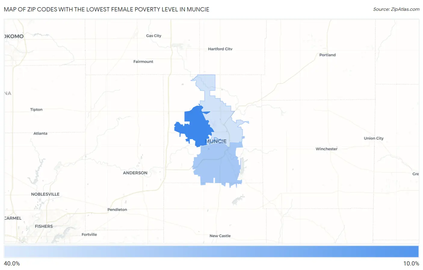 Zip Codes with the Lowest Female Poverty Level in Muncie Map