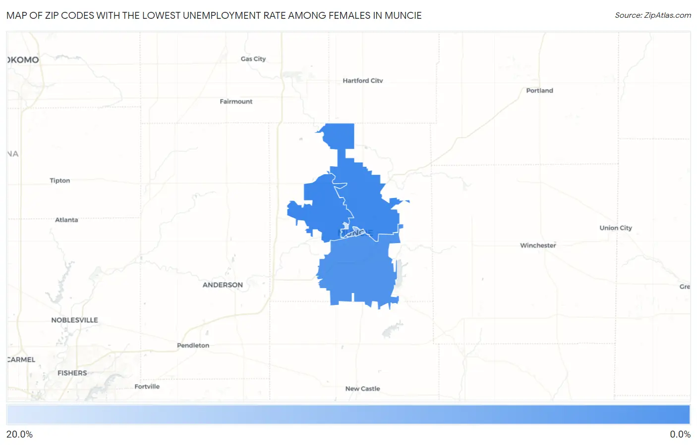 Zip Codes with the Lowest Unemployment Rate Among Females in Muncie Map