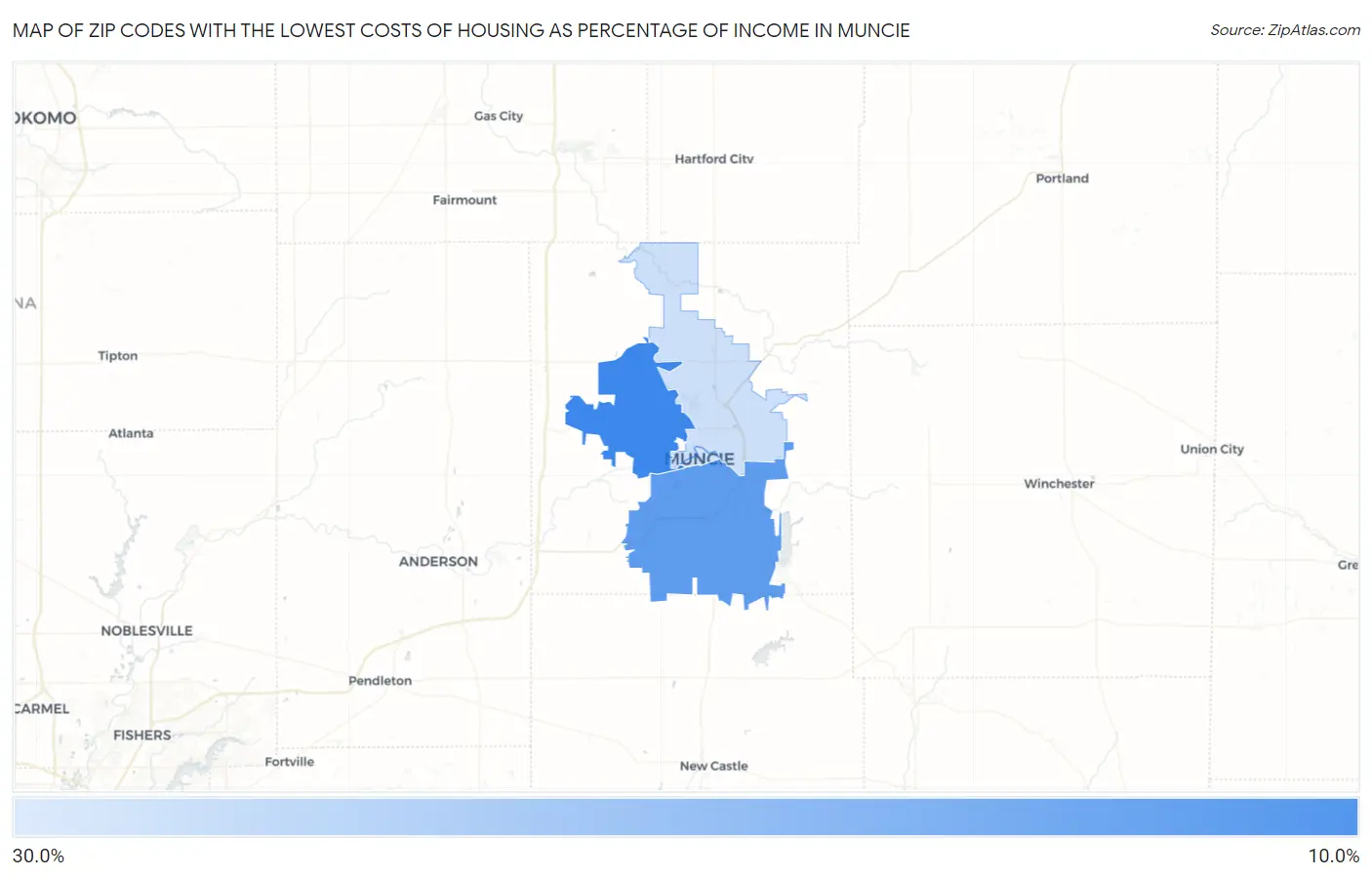 Zip Codes with the Lowest Costs of Housing as Percentage of Income in Muncie Map
