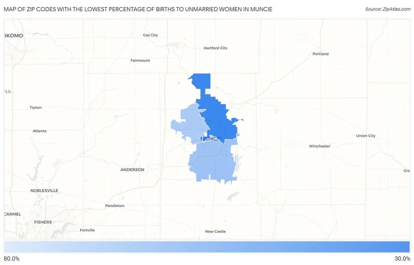 Zip Codes with the Lowest Percentage of Births to Unmarried Women in Muncie Map