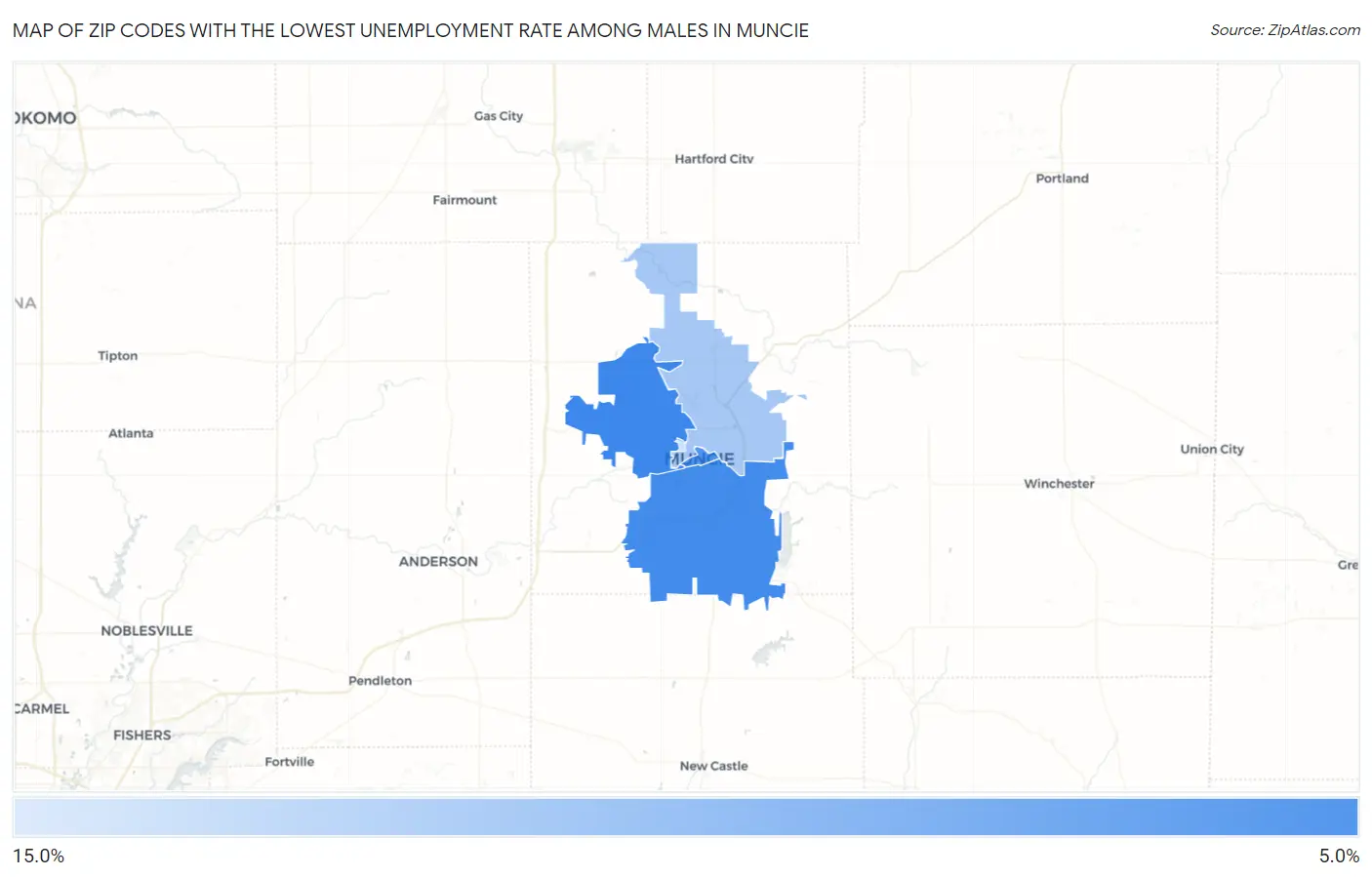 Zip Codes with the Lowest Unemployment Rate Among Males in Muncie Map