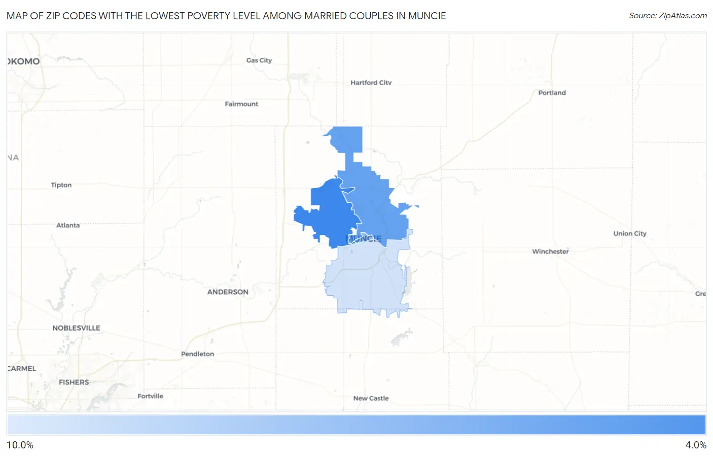 Zip Codes with the Lowest Poverty Level Among Married Couples in Muncie Map