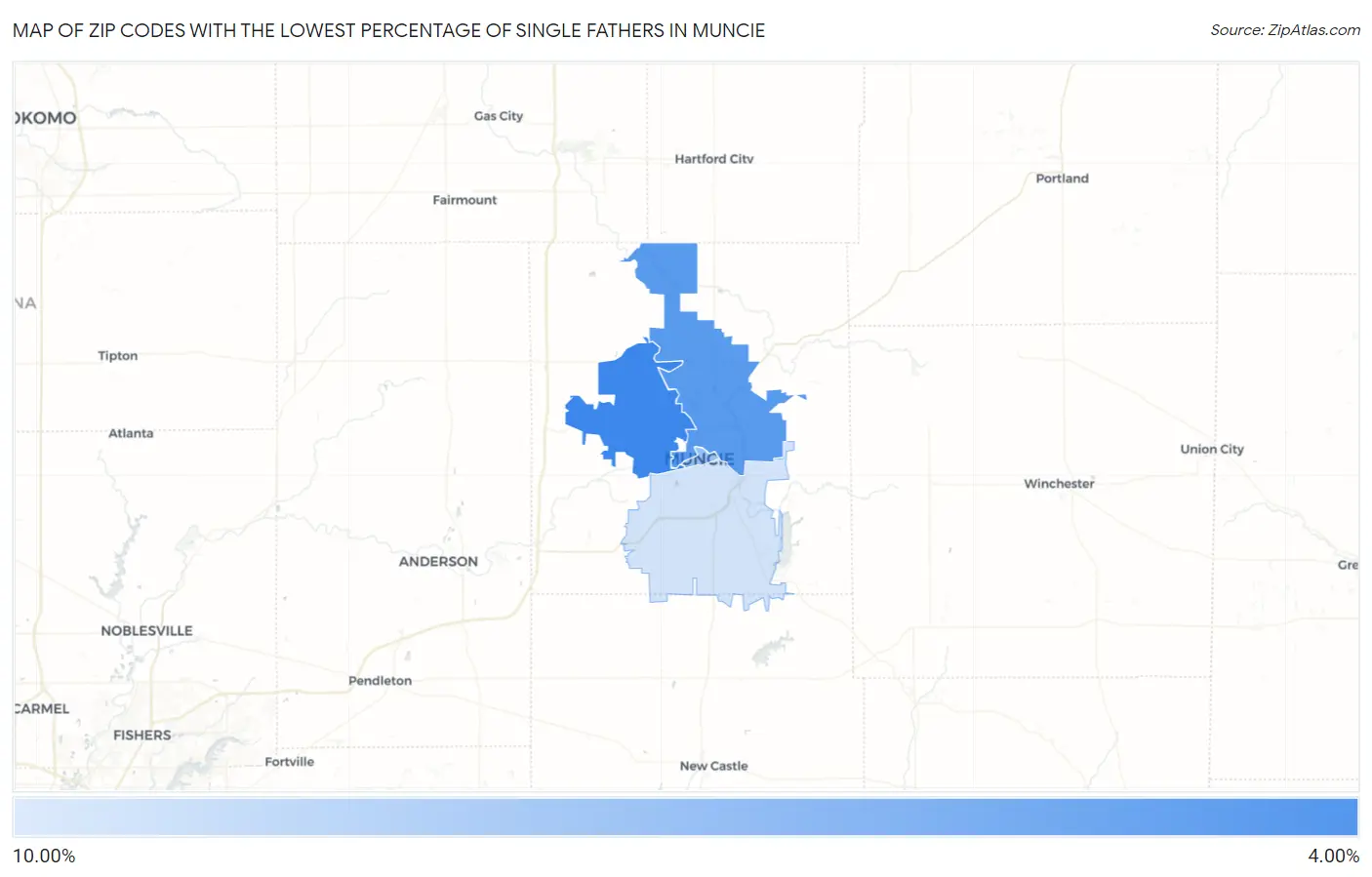 Zip Codes with the Lowest Percentage of Single Fathers in Muncie Map