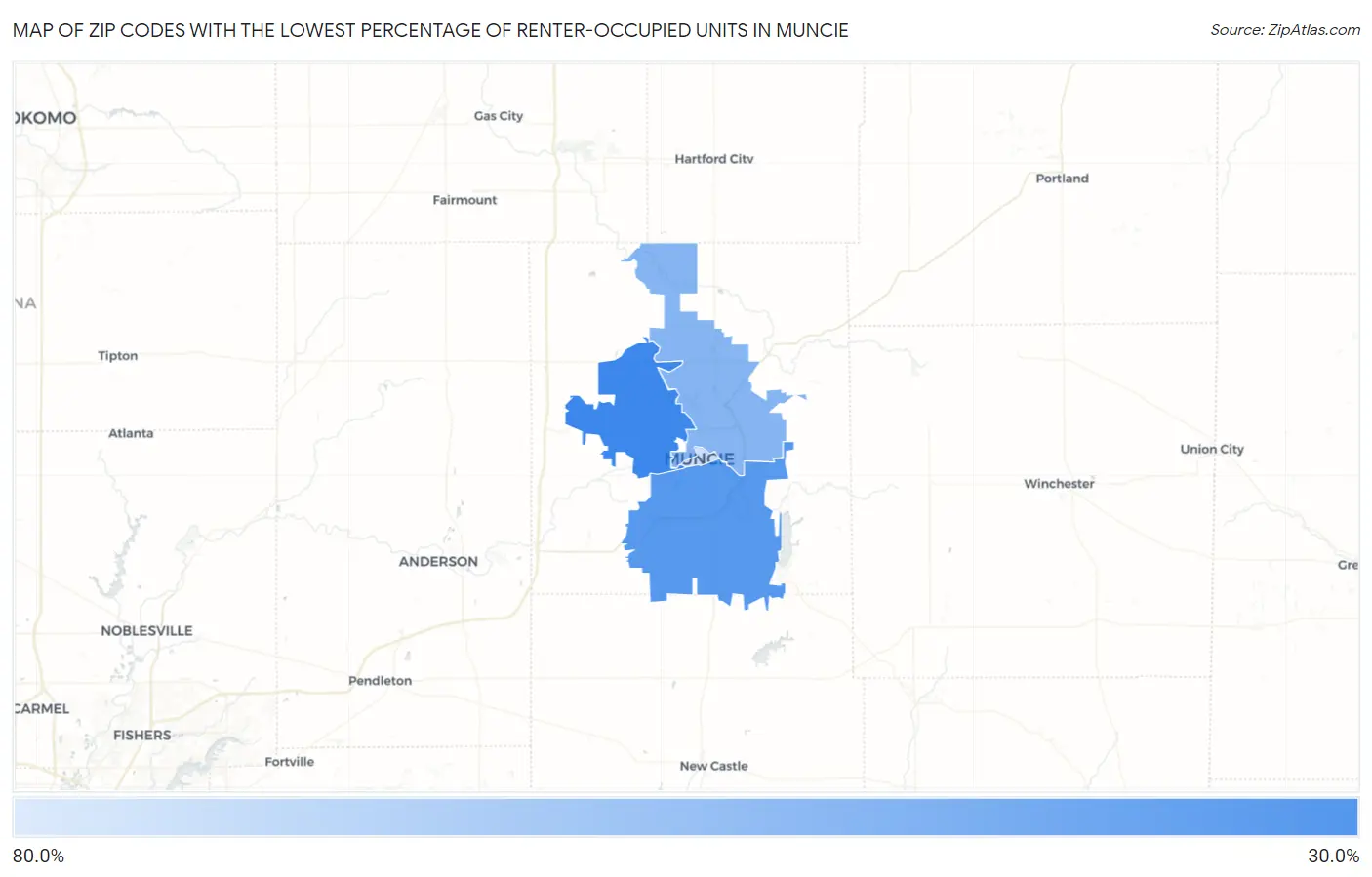 Zip Codes with the Lowest Percentage of Renter-Occupied Units in Muncie Map