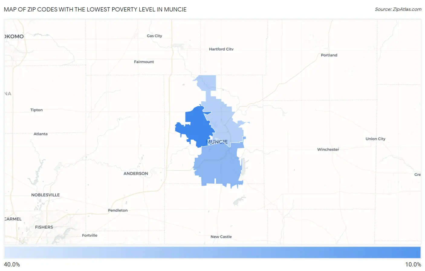 Zip Codes with the Lowest Poverty Level in Muncie Map