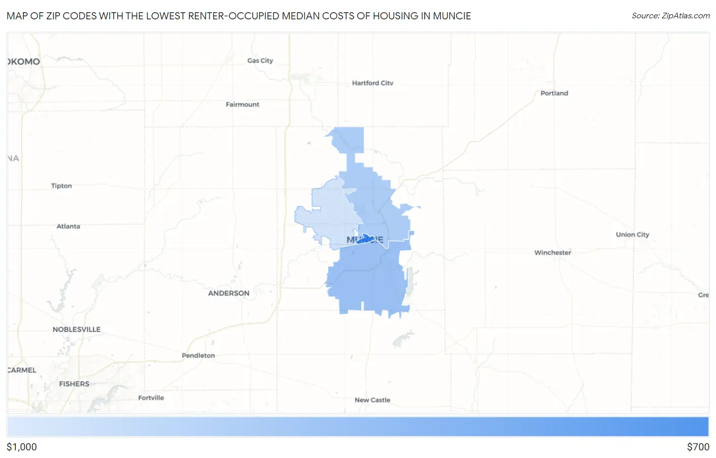Zip Codes with the Lowest Renter-Occupied Median Costs of Housing in Muncie Map