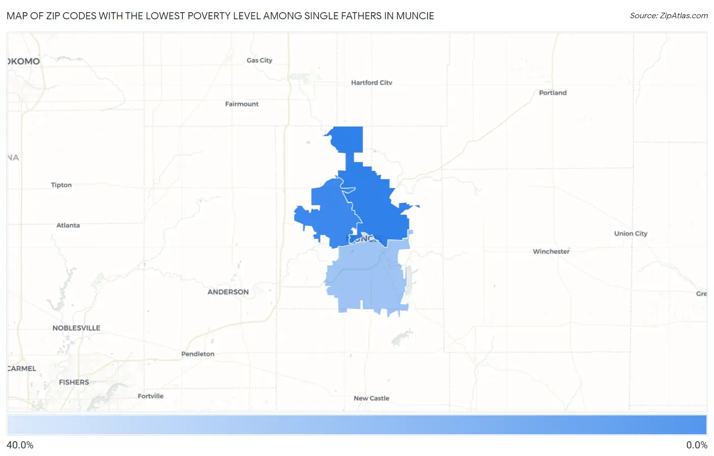 Zip Codes with the Lowest Poverty Level Among Single Fathers in Muncie Map