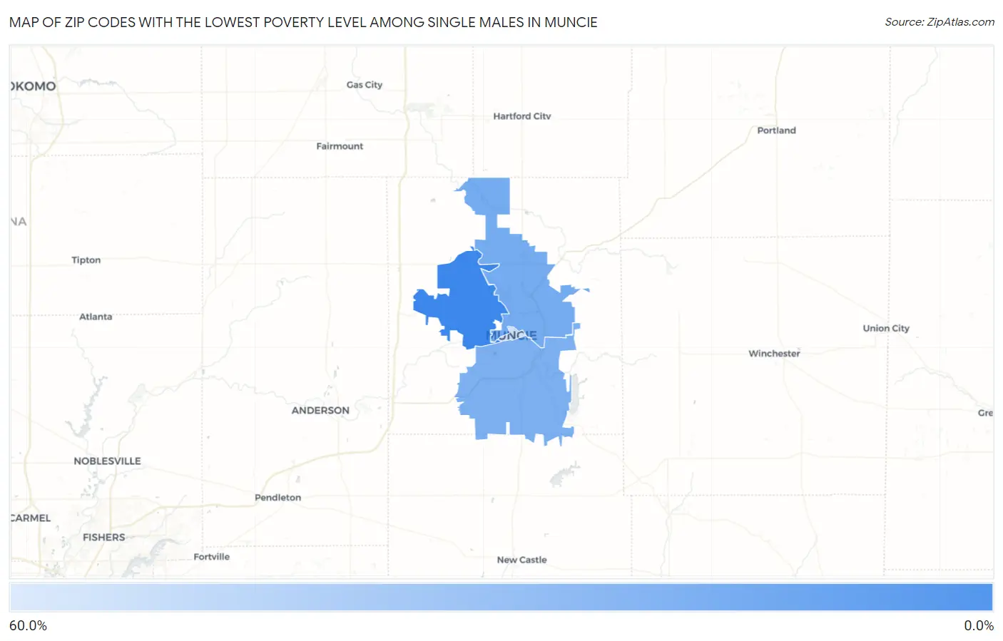 Zip Codes with the Lowest Poverty Level Among Single Males in Muncie Map