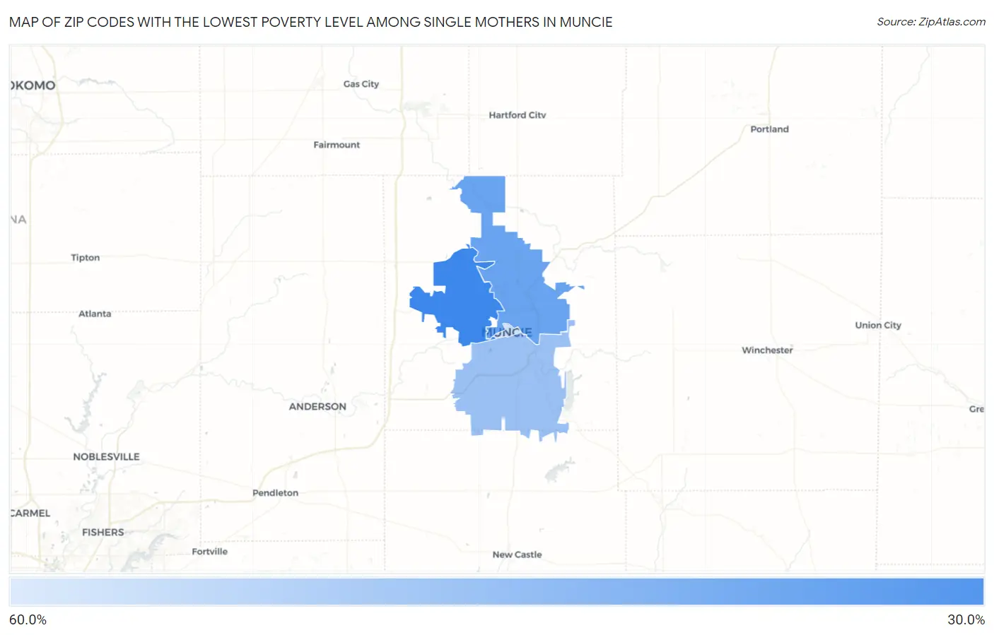 Zip Codes with the Lowest Poverty Level Among Single Mothers in Muncie Map