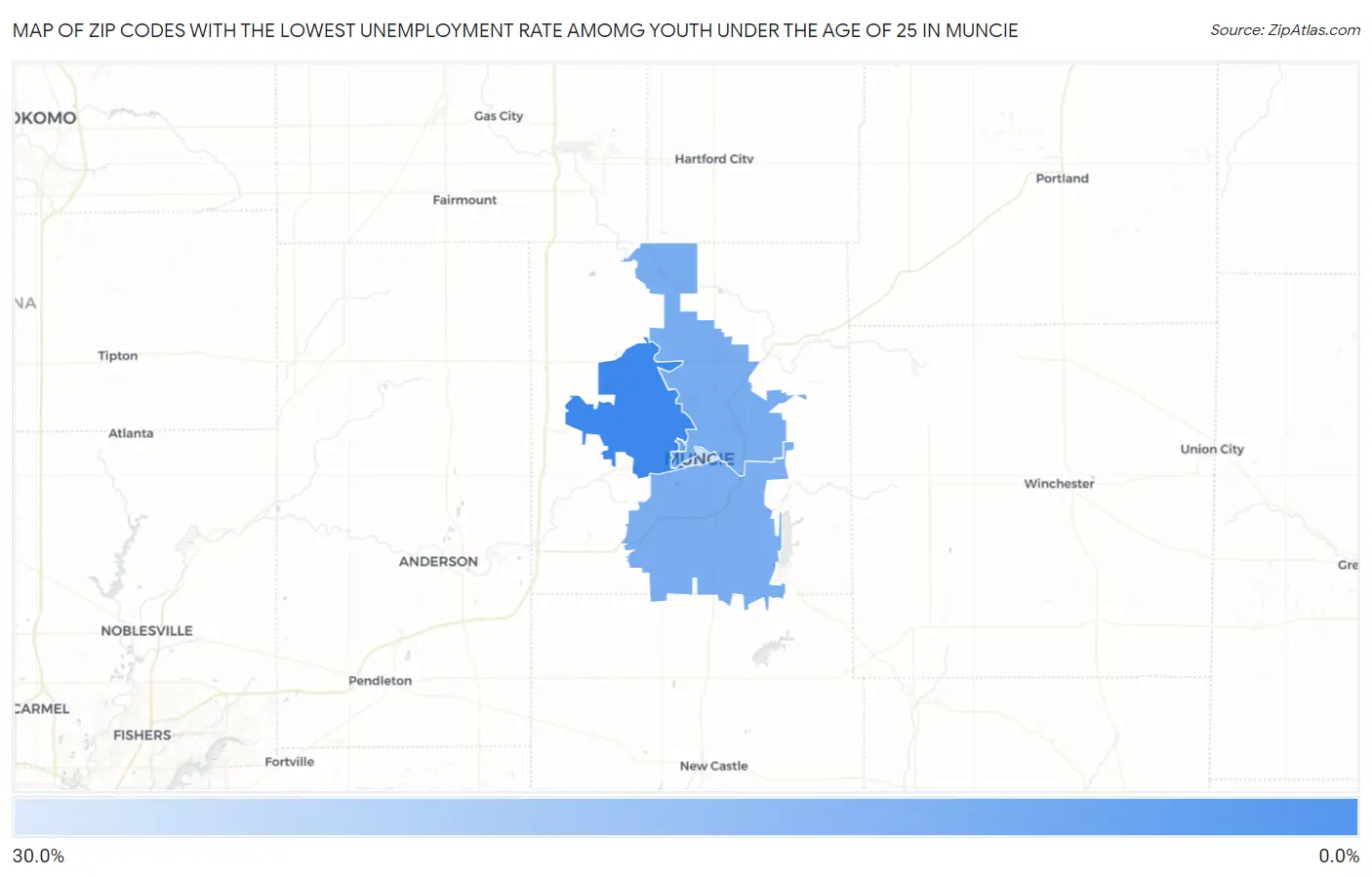 Zip Codes with the Lowest Unemployment Rate Amomg Youth Under the Age of 25 in Muncie Map