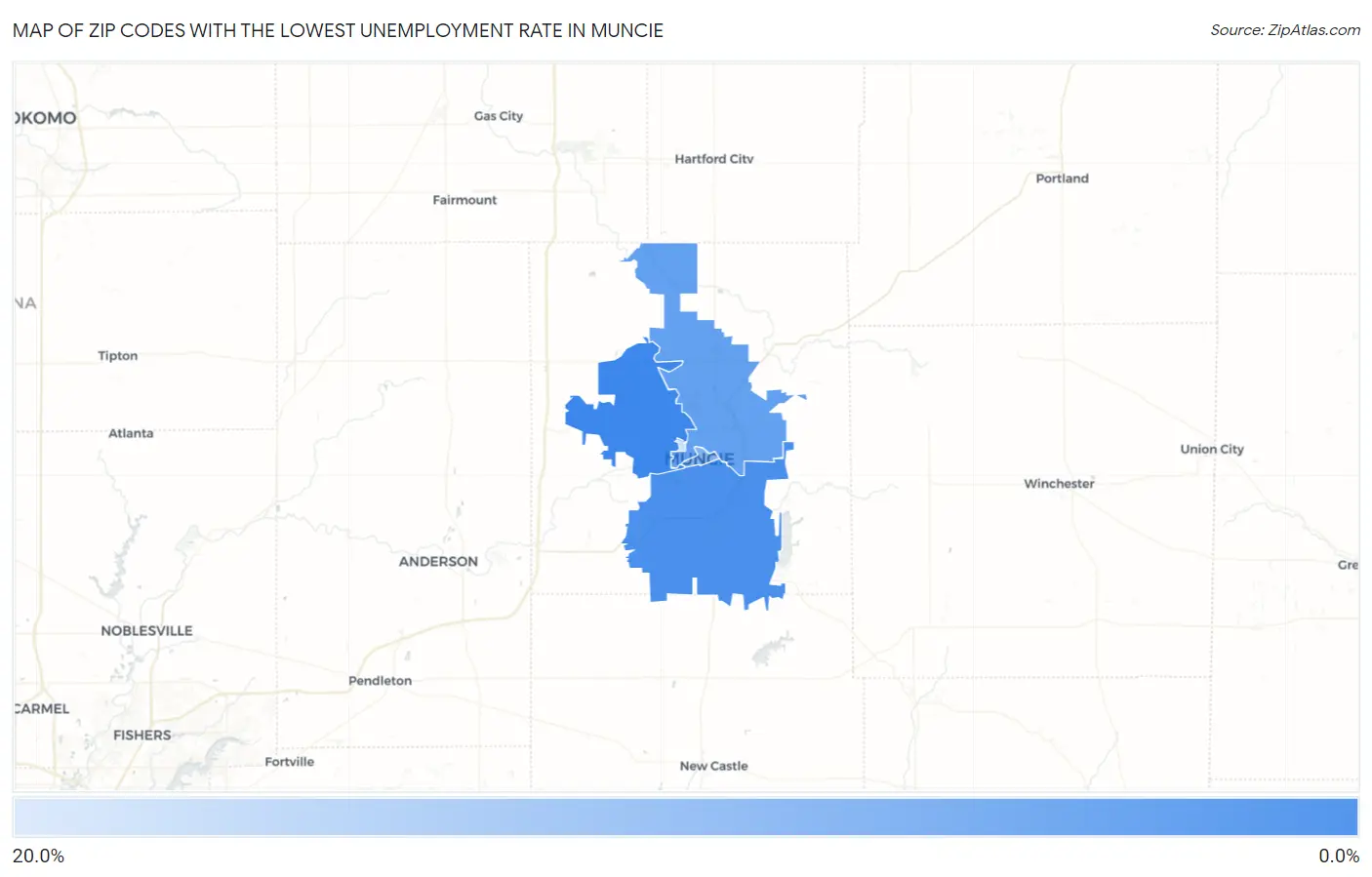 Zip Codes with the Lowest Unemployment Rate in Muncie Map