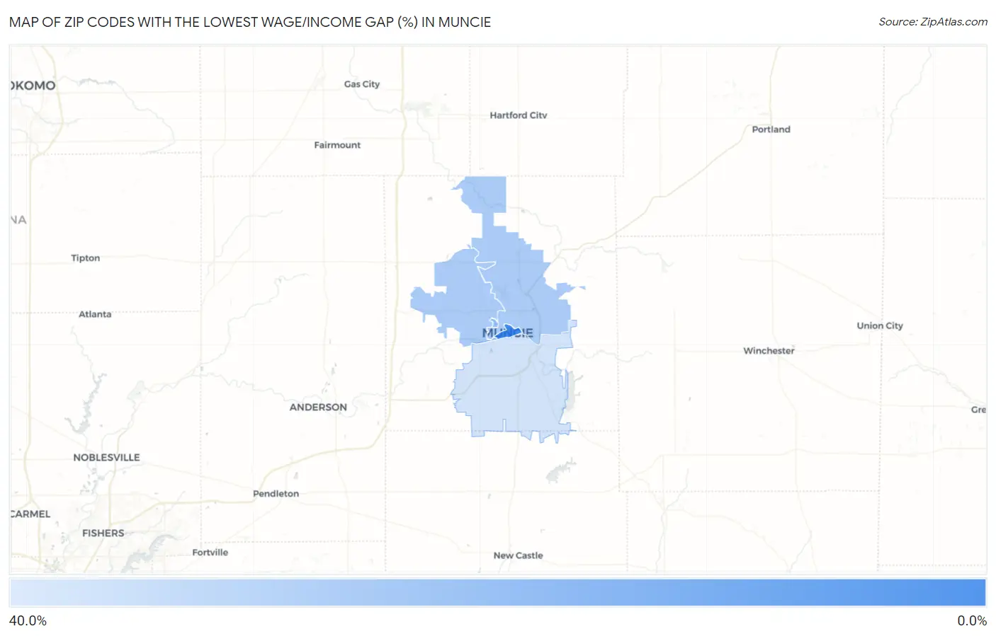 Zip Codes with the Lowest Wage/Income Gap (%) in Muncie Map
