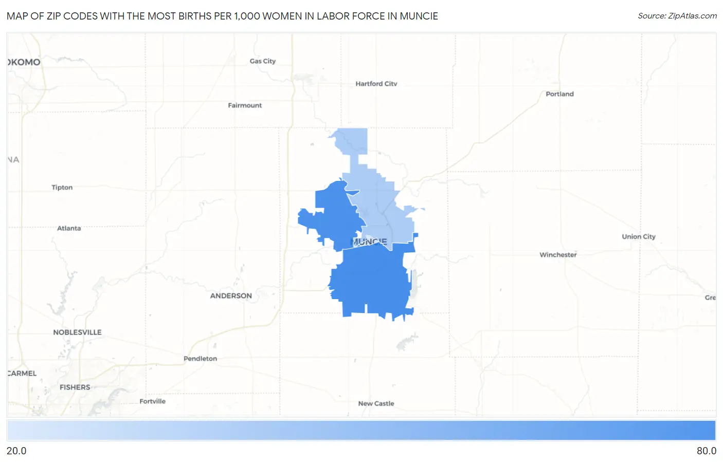 Zip Codes with the Most Births per 1,000 Women in Labor Force in Muncie Map