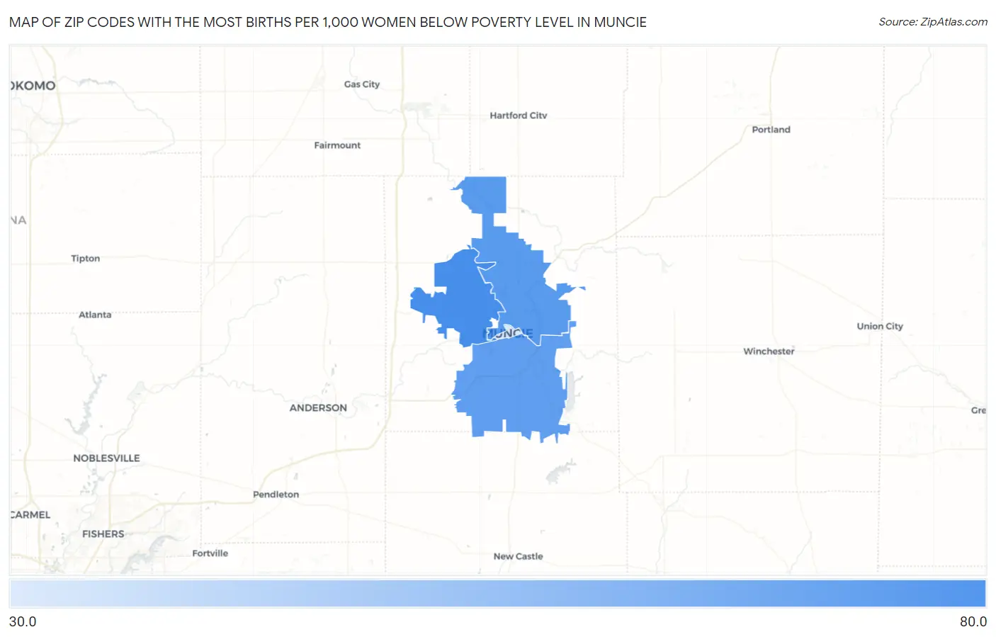 Zip Codes with the Most Births per 1,000 Women Below Poverty Level in Muncie Map