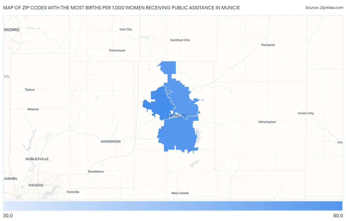 Zip Codes with the Most Births per 1,000 Women Receiving Public Assitance in Muncie Map