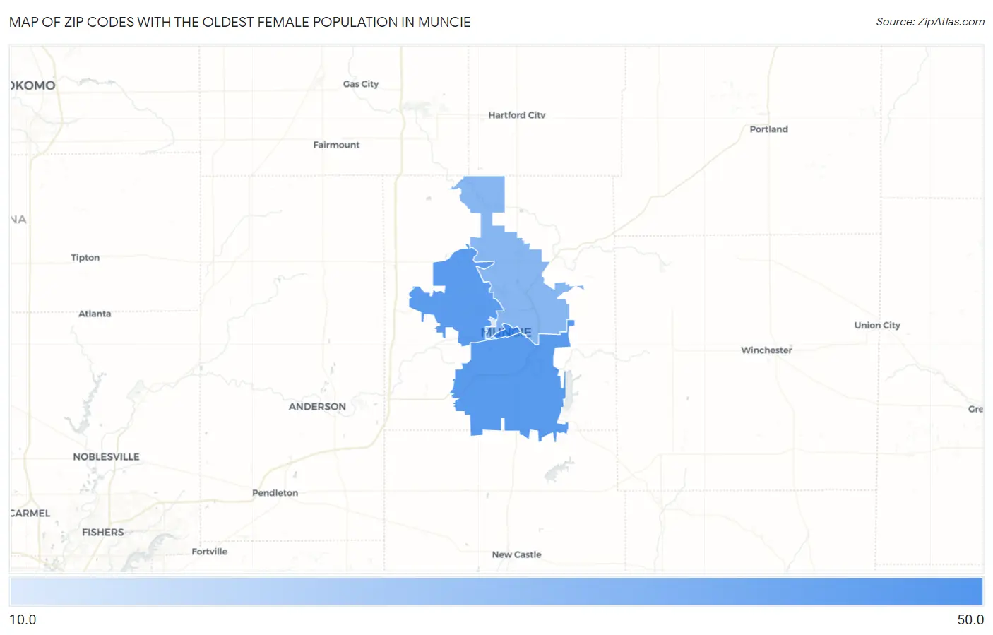 Zip Codes with the Oldest Female Population in Muncie Map