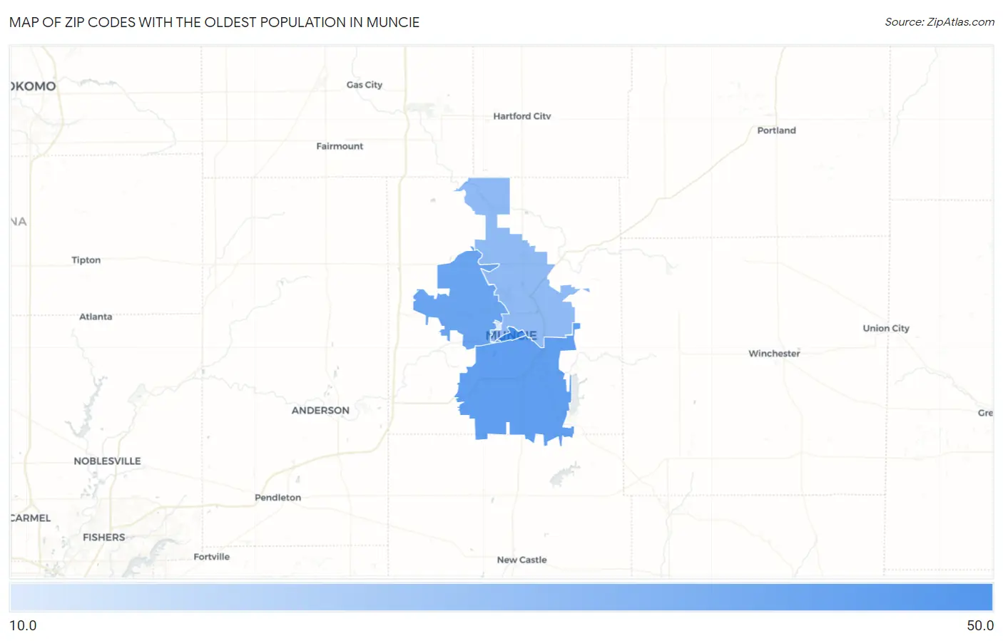 Zip Codes with the Oldest Population in Muncie Map
