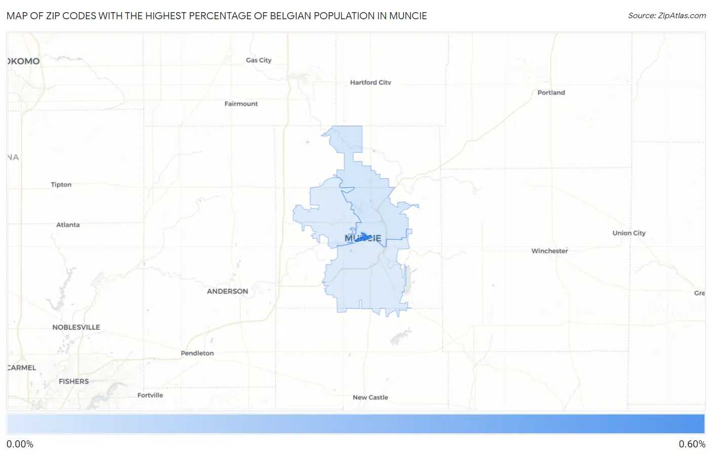 Zip Codes with the Highest Percentage of Belgian Population in Muncie Map