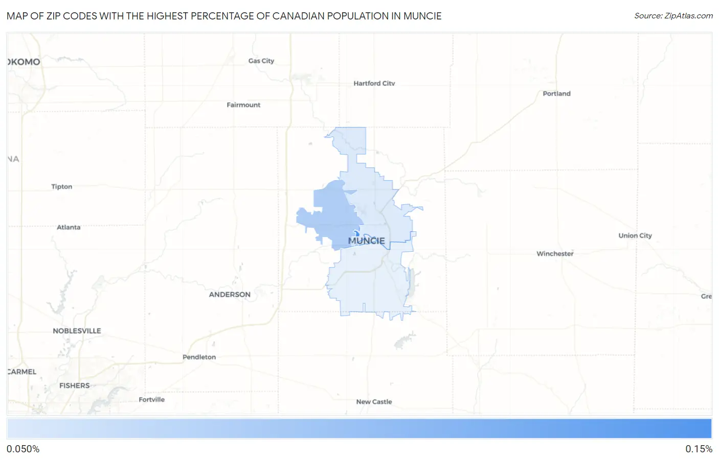 Zip Codes with the Highest Percentage of Canadian Population in Muncie Map