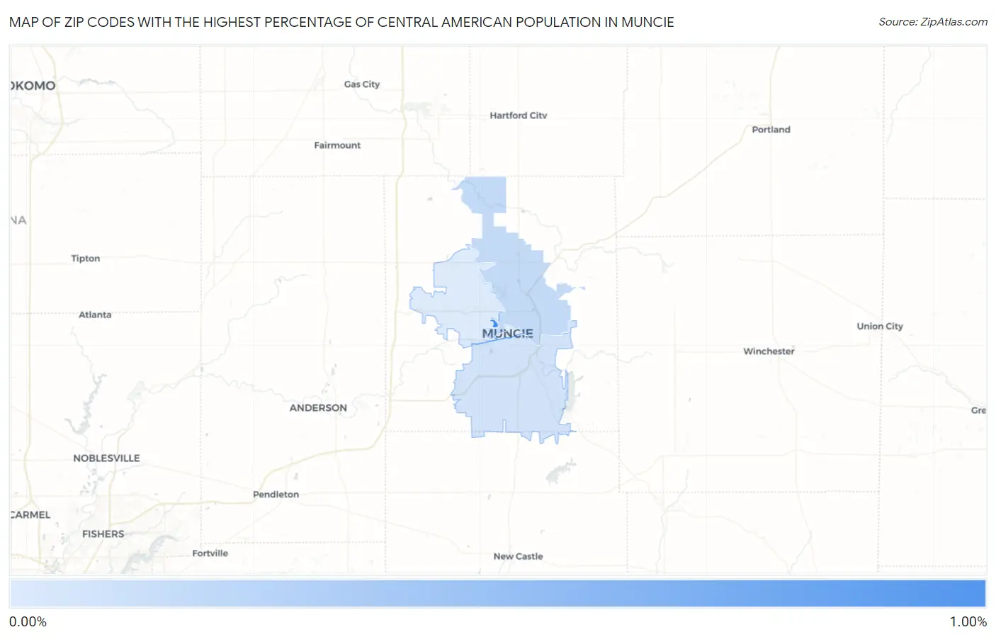 Zip Codes with the Highest Percentage of Central American Population in Muncie Map