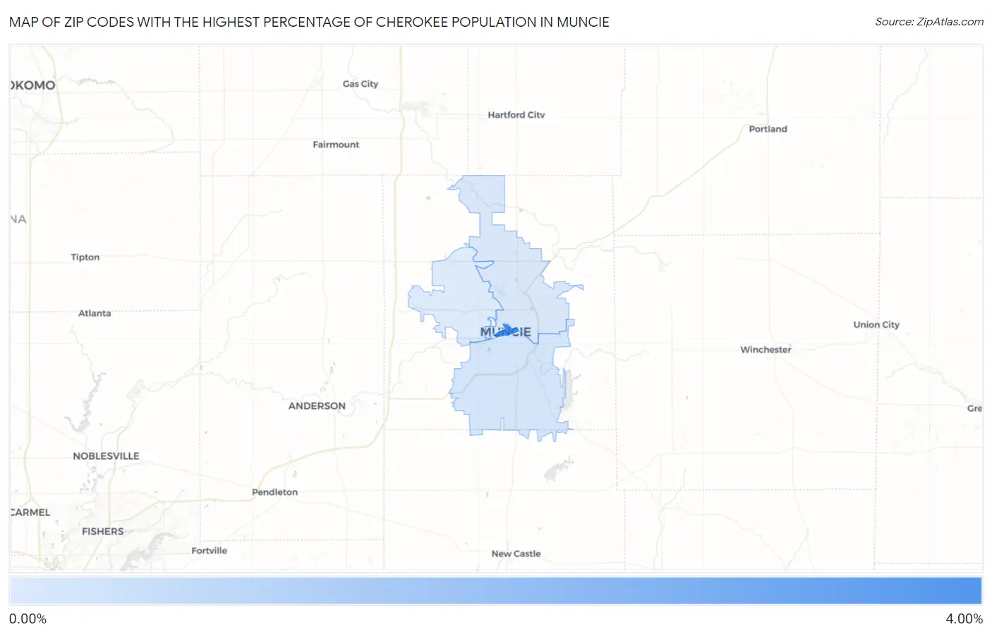 Zip Codes with the Highest Percentage of Cherokee Population in Muncie Map