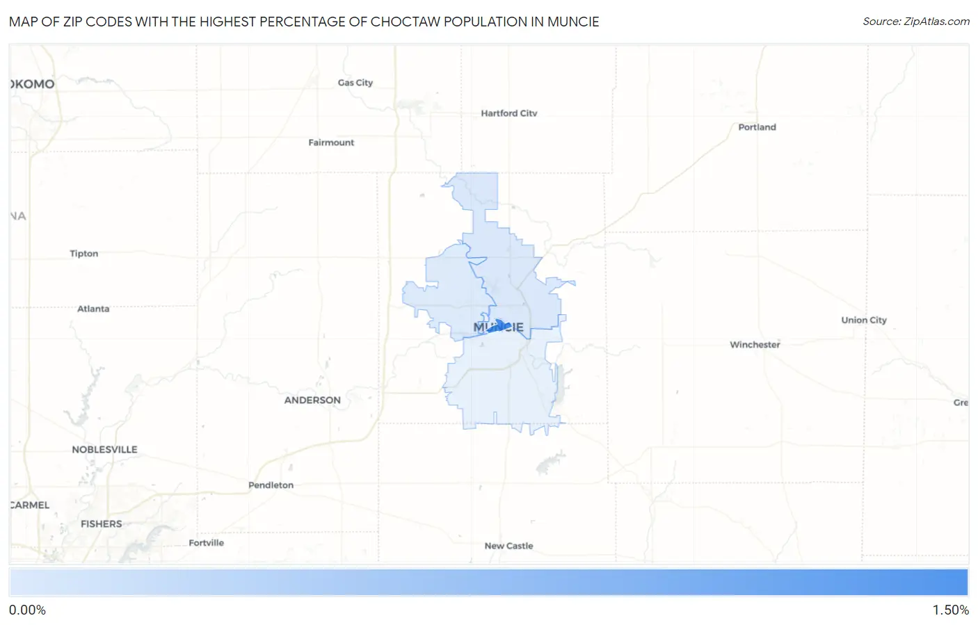 Zip Codes with the Highest Percentage of Choctaw Population in Muncie Map
