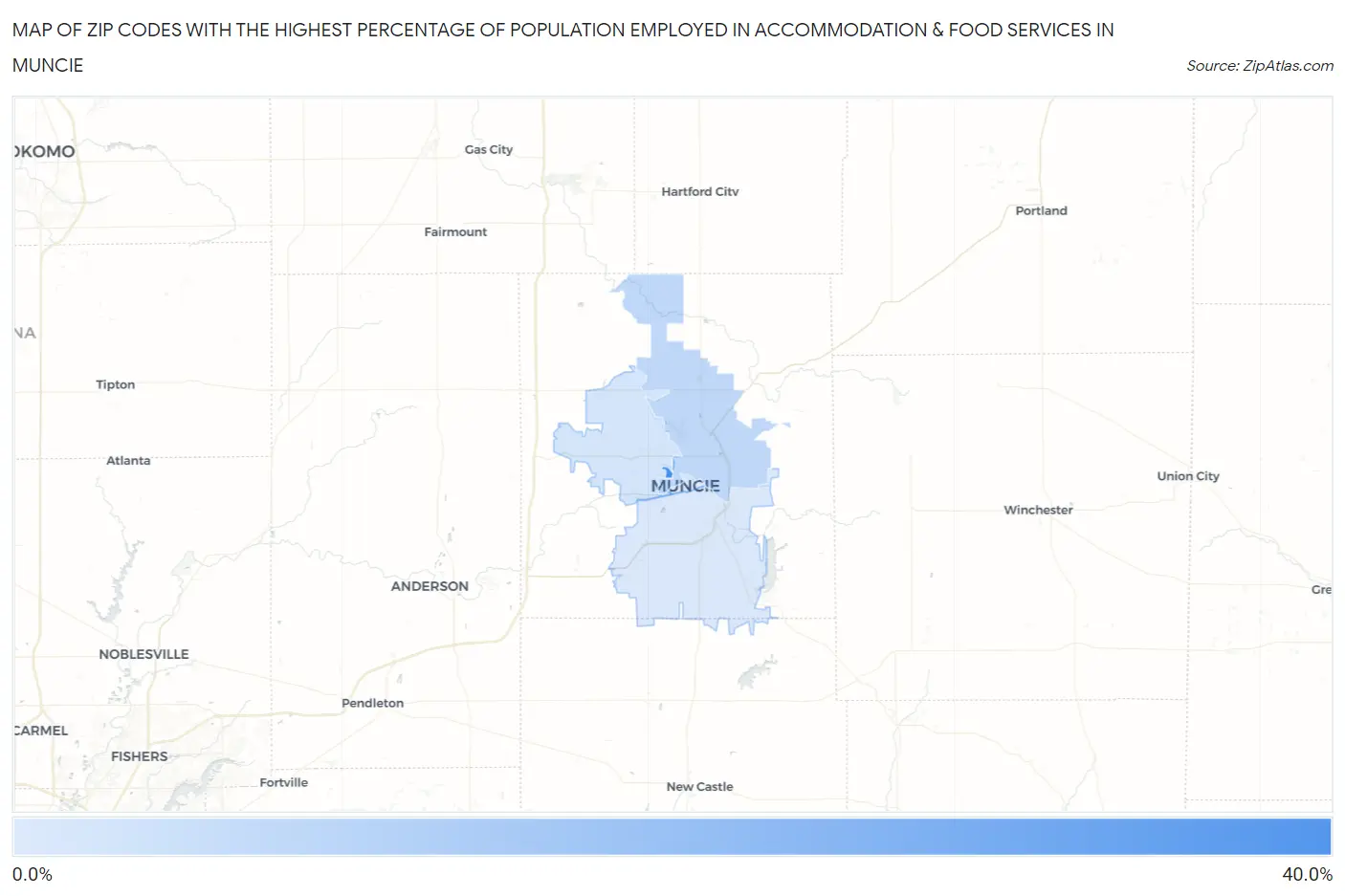 Zip Codes with the Highest Percentage of Population Employed in Accommodation & Food Services in Muncie Map