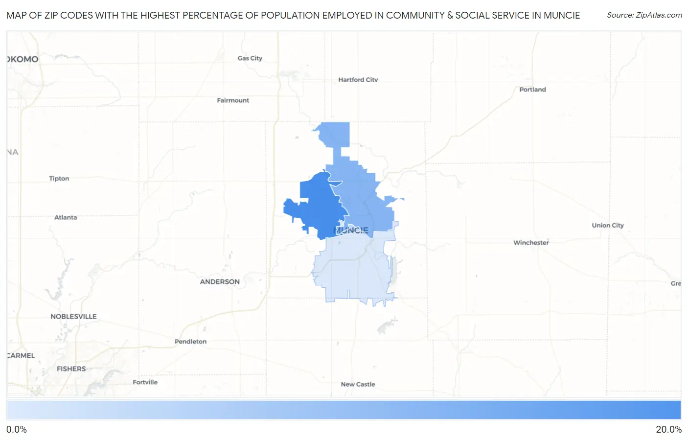 Zip Codes with the Highest Percentage of Population Employed in Community & Social Service  in Muncie Map