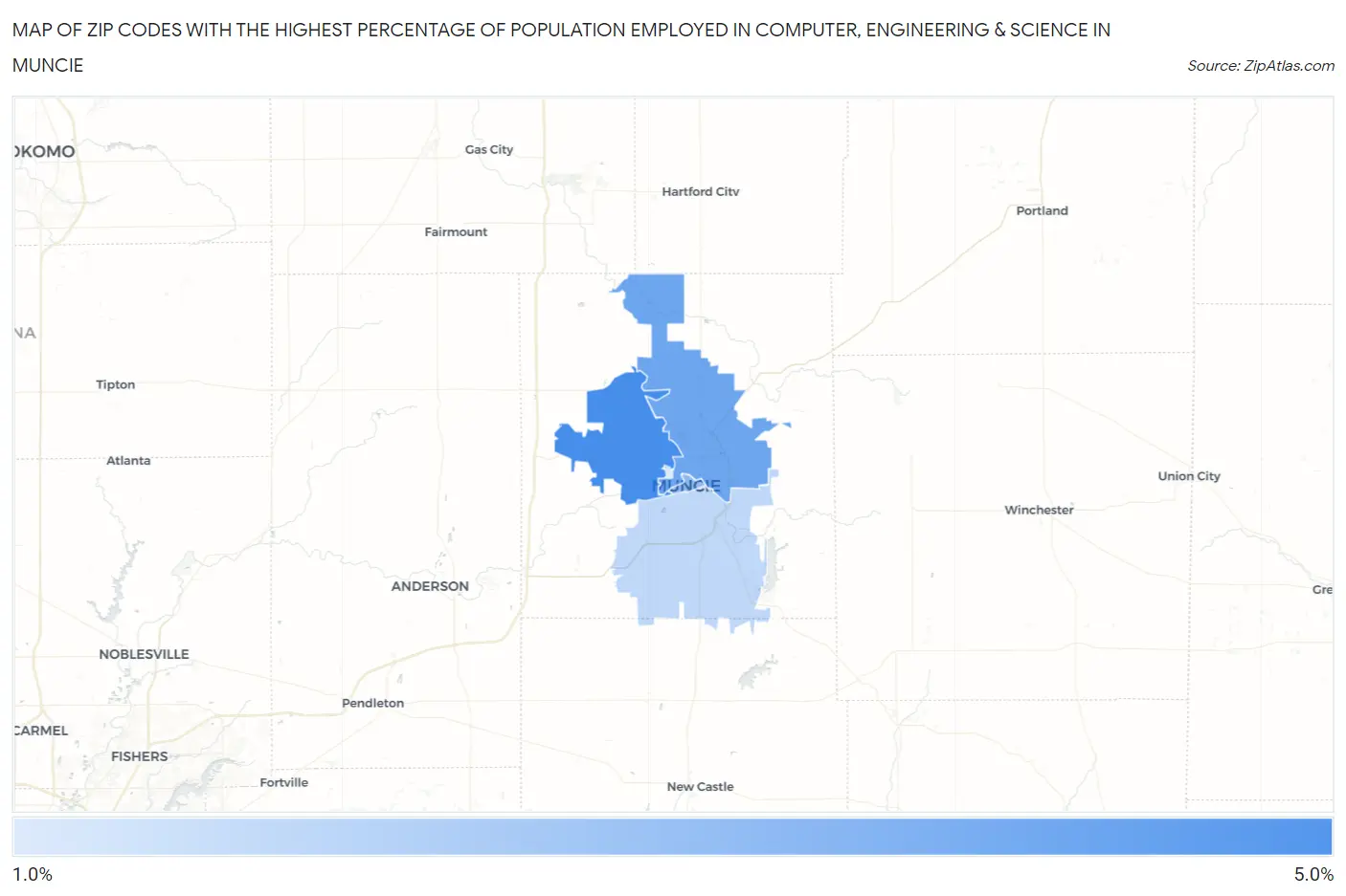 Zip Codes with the Highest Percentage of Population Employed in Computer, Engineering & Science in Muncie Map